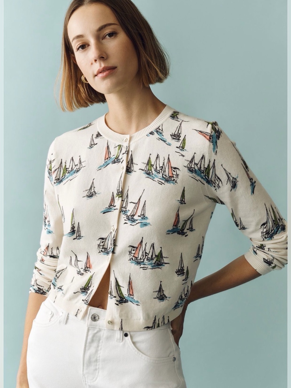 MAEVE SAILBOAT PRINT CROPPED CARDIGAN. BRAND NEW Size: XS. By Anthropologie!